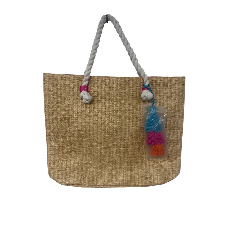 Elizabeth Arden Beach Tote Bag Multi Color Crochet Raffia Tassel - Beige